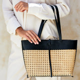 Rattan Cane Weave Woven Tote Bag with Black Leather Trim