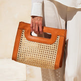 Rattan Cane Weave Handbag with Brown Leather Trim
